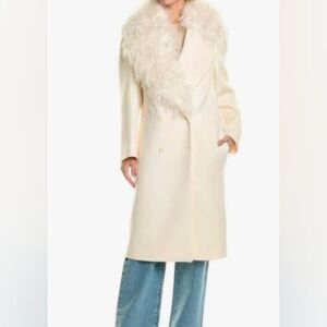 Michael Kors Cream Trench Coat with Faux Fur Collar, 100% Virgin Wool